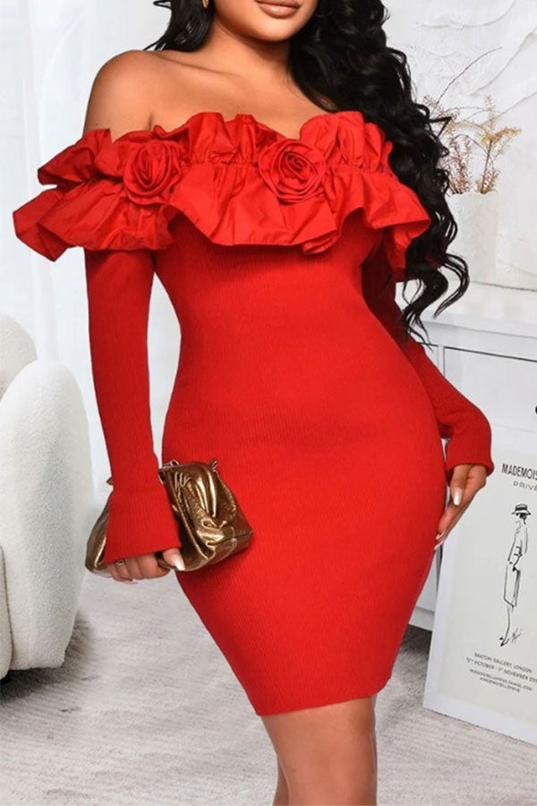 storexq Solid Color Ruffles Off Shoulder Romantic Bodycon Mini Dress