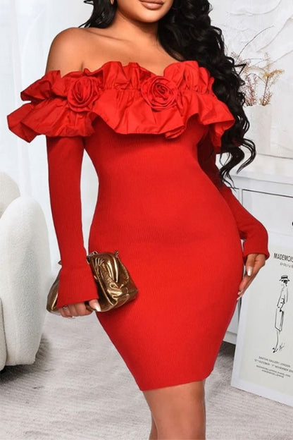 storexq Solid Color Ruffles Off Shoulder Romantic Bodycon Mini Dress