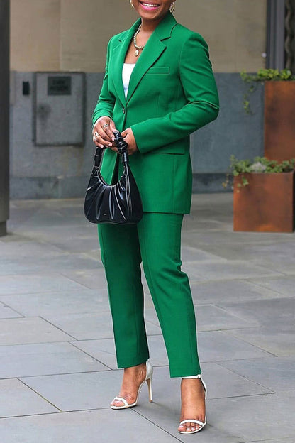 storexq Solid Color Notched Lapel Feminine OL Pant Suit