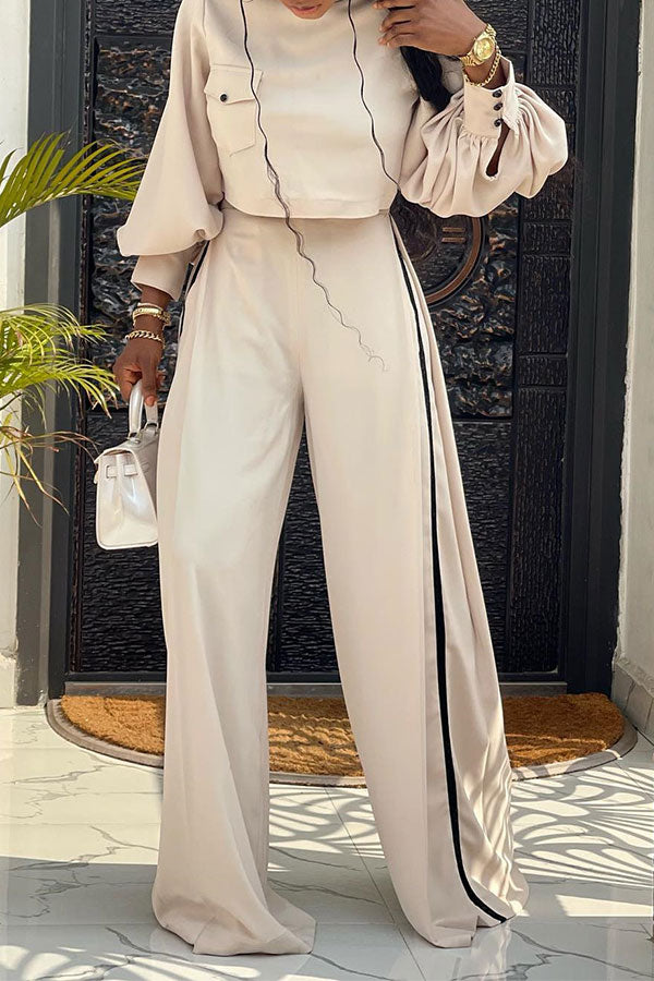 storexq Hit Color Mock Neck Urban Wide Leg Pant Suit