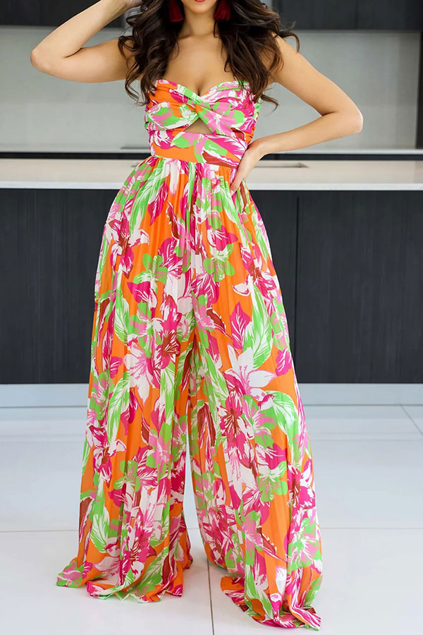 storexq Floral Print Twisted Detail On-trend Pleated Jumpsuit