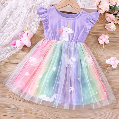 Toddler Girls Cartoon Unicorn Ruffled Sleeveless Round Neck Contrast Mesh Dress Kids Summer Clothes