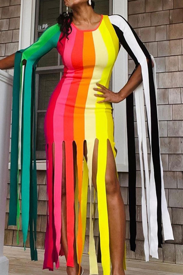 storexq Color Block Dramatic Tassel Midi Dress