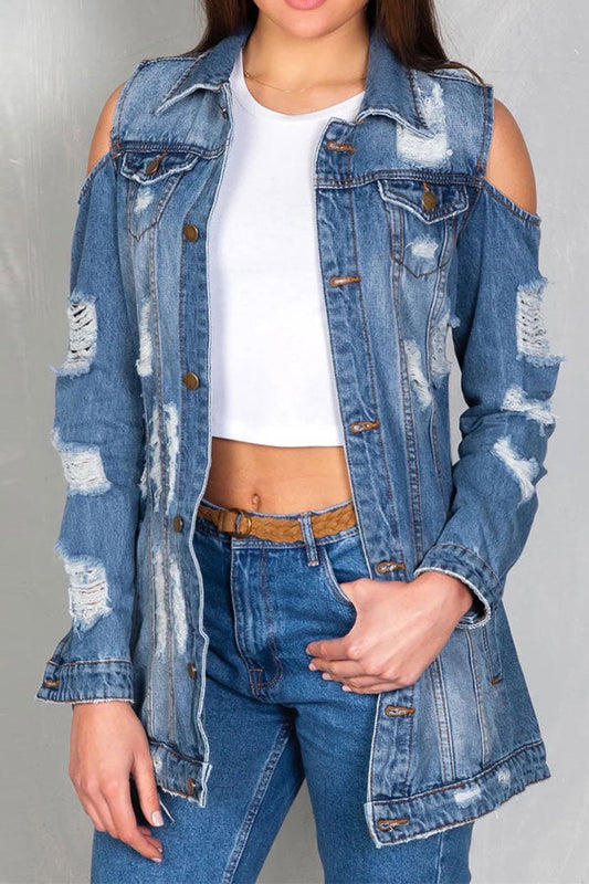 storexq Ripped Cold Shoulder Urban Gradient Denim Coat