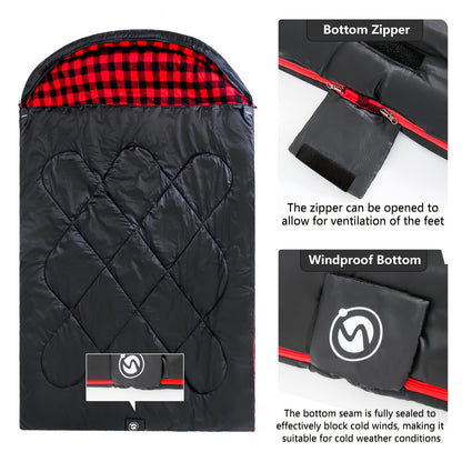 2-Person XXL Queen Size Flannel Cotton Sleeping Bag for Adults with 2 Pillows - Soft, Warm, and Cozy for Cold Weather Camping - Durable, Water-Resistant, and Easy to Clean - Perfect for Outdoor Adventures