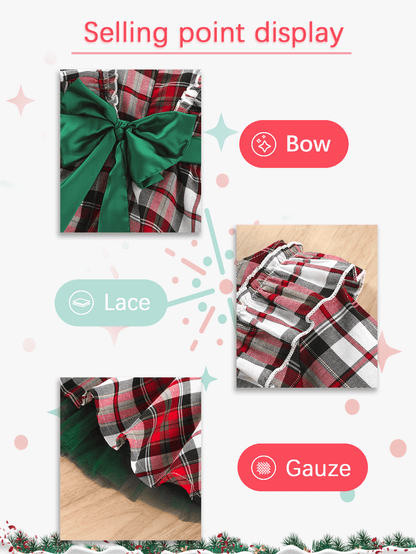 Festive Plaid Bowknot Belted Party Dress for Girls - Christmas and Birthday Occasions, Adjustable Waist, Comfortable Fabric, Elegant Design - Perfect for Holiday Celebrations and Special Events