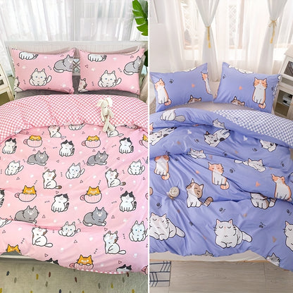 3-Piece Fashionable Kawaii Cat Print Duvet Cover Set - Soft, Comfortable, and Cozy Bedding for Bedroom and Guest Room - Includes 1 Duvet Cover and 2 Pillowcases, No Filling