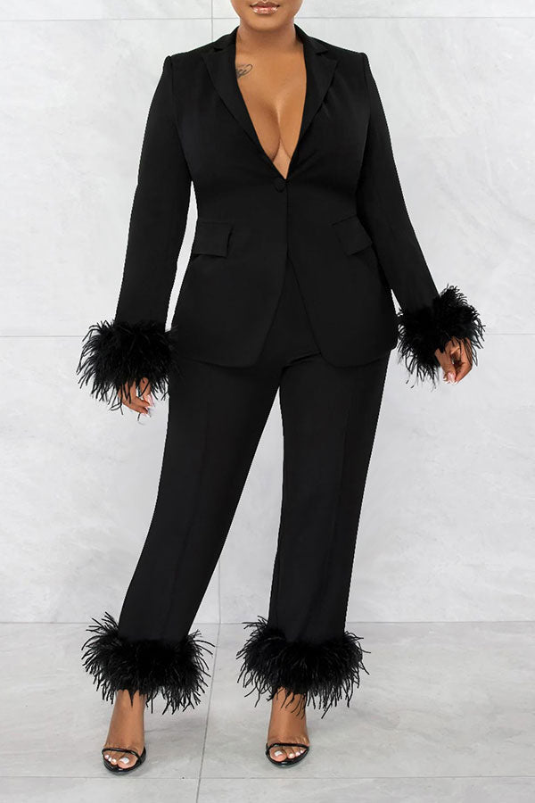 storexq Solid Color Glamorous Feather Trim Office Pant Suit