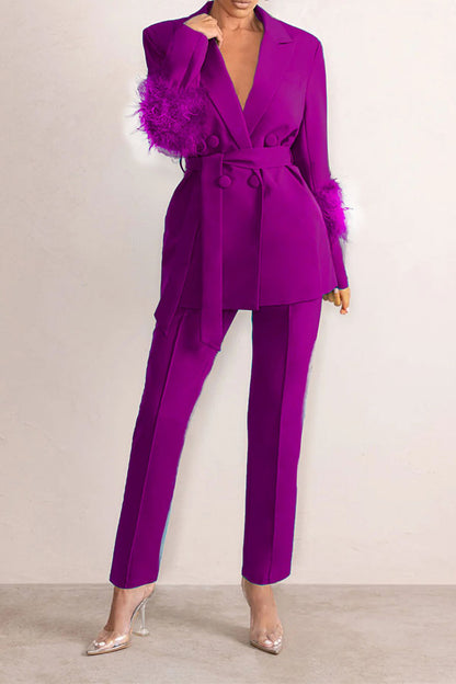 storexq Solid Color Feather Trim Elegant Belted Pant Suit