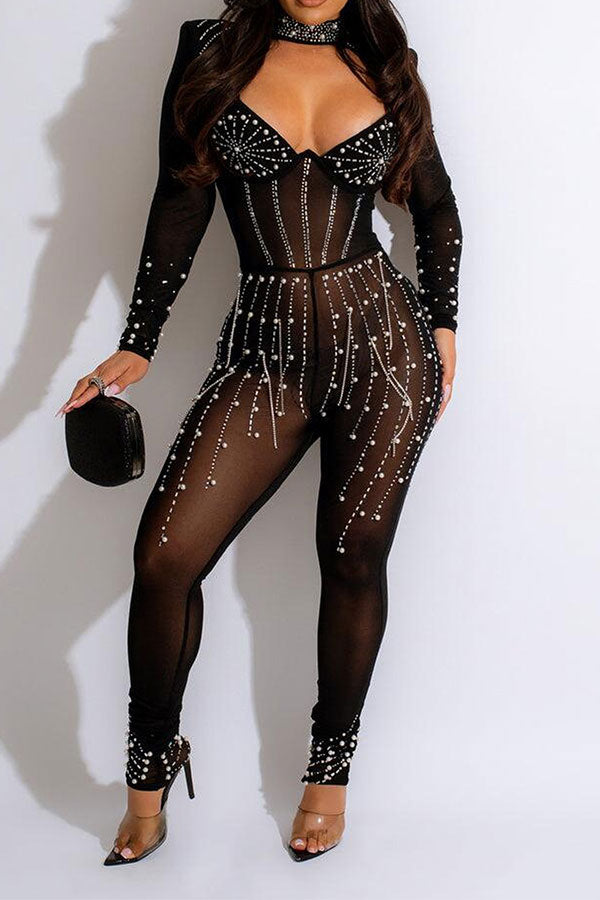 storexq Rhinestone & Beaded Decor Party See-Through Jumpsuit