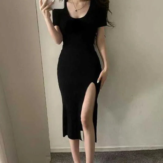 Women's casual short sleeved dress lady skirt hem thin skirt style girl designer sexy dress Split long skirt