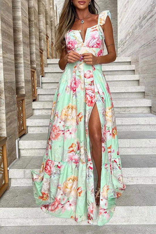 storexq Floral Print Ruffle Strap Rocking High Split Maxi Dress