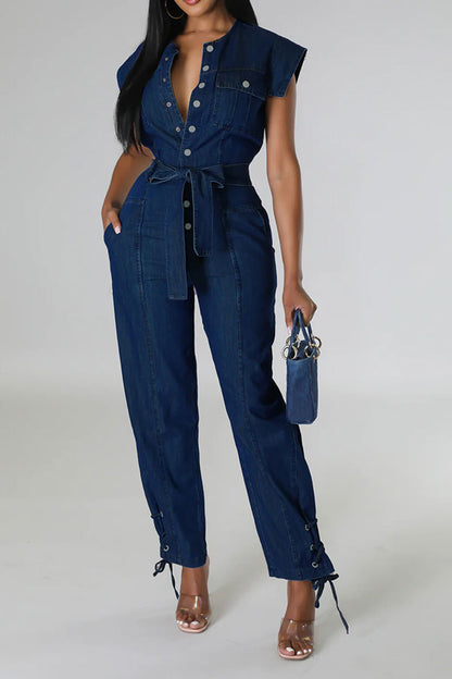 storexq Solid Color On-trend Strappy Belted Denim Jumpsuit