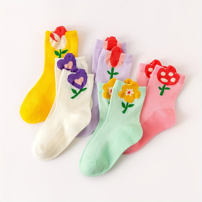 5 Pairs Of Toddler's Cute Cartoon Floral Crew Socks, Soft Comfy Cotton Blend Children's Socks For Boys Girls All Seasons Wearing