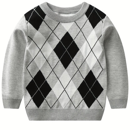 Cozy Boys' Argyle Sweater - Soft Stretchy Long Sleeve Round Neck Pullover Top for Kids - Warm Knit Outdoor Clothing for Winter and Fall