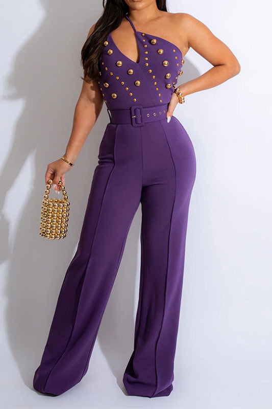 storexq Rivet Design One Shoulder Glamorous Belted Jumpsuit