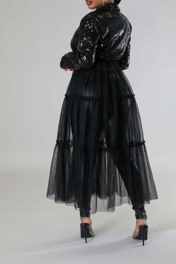 storexq Sequined Sparkly Tiered Tulle Patchwork Coat