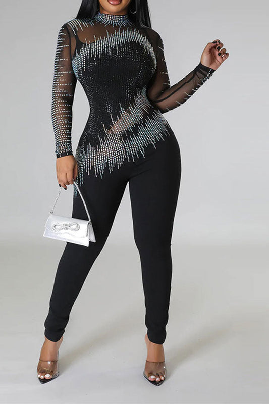 storexq Rhinestone Stylish Mesh Patchwork Bodycon Jumpsuit