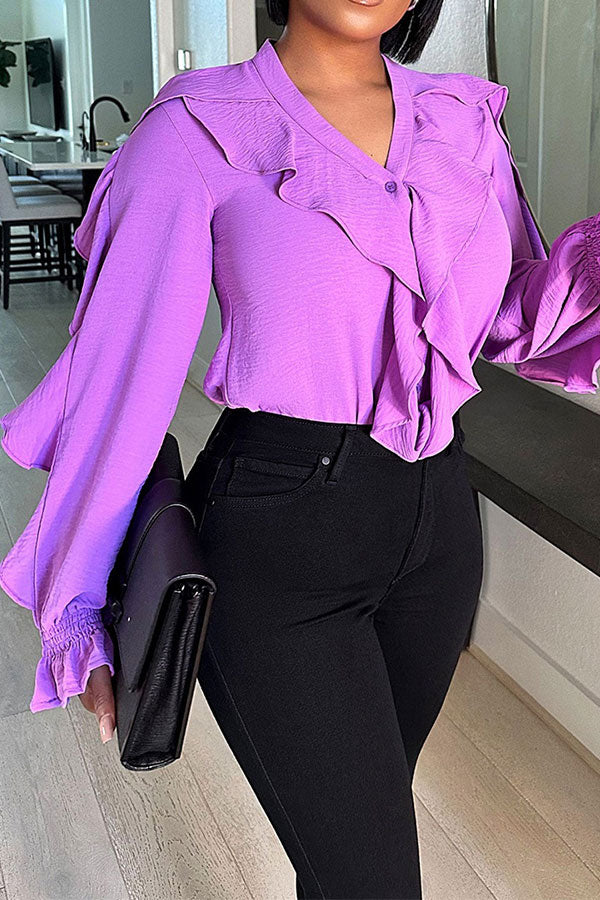 storexq Solid Color Modern Ruffle Patchwork Blouse