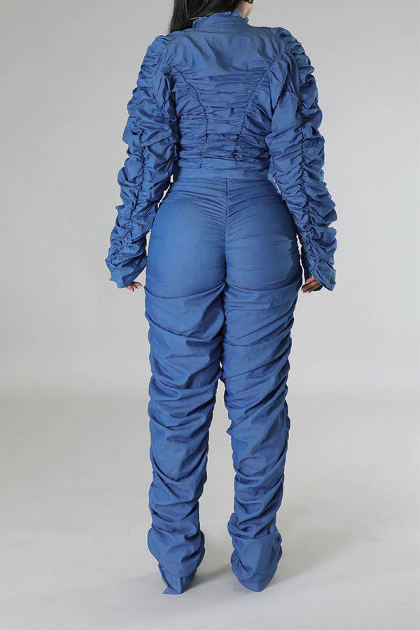 storexq Solid Color Unique Ruched Pant Suit