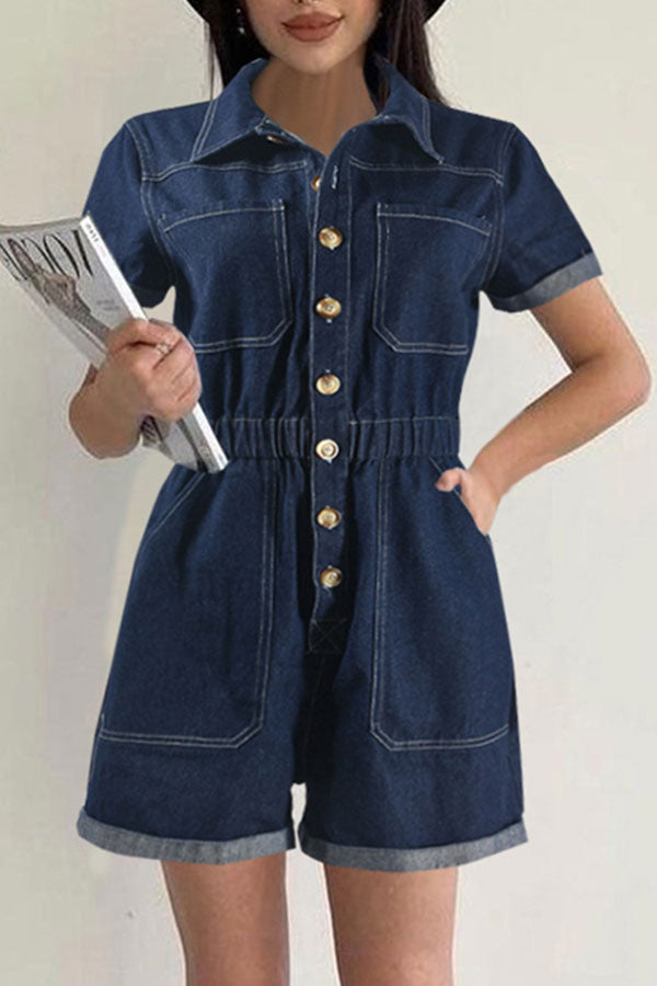 storexq Washed Denim Smart Pocket Button Romper