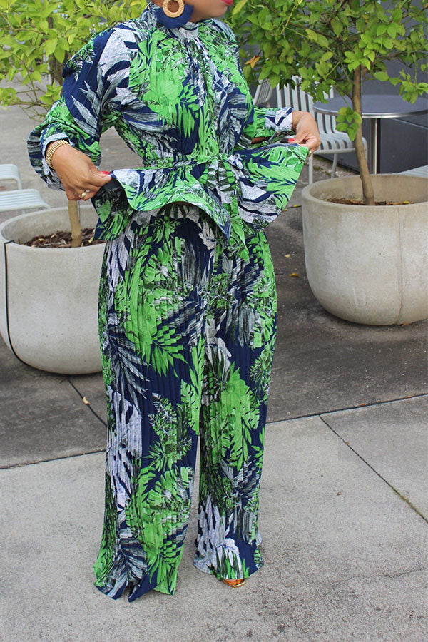 storexq Leaf Print Glamorous Peplum Pleated Pant Suit