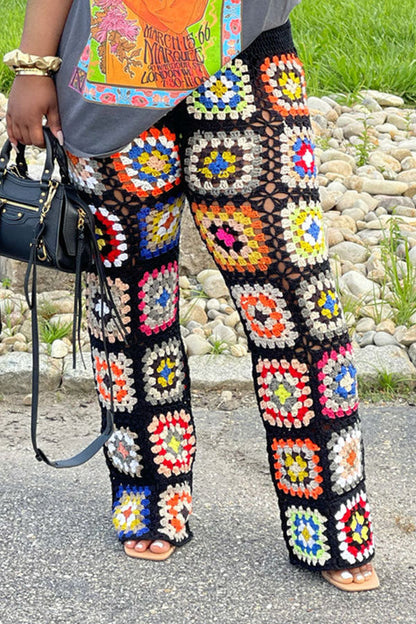 storexq Colorful Flower Pattern Retro Crochet Pants