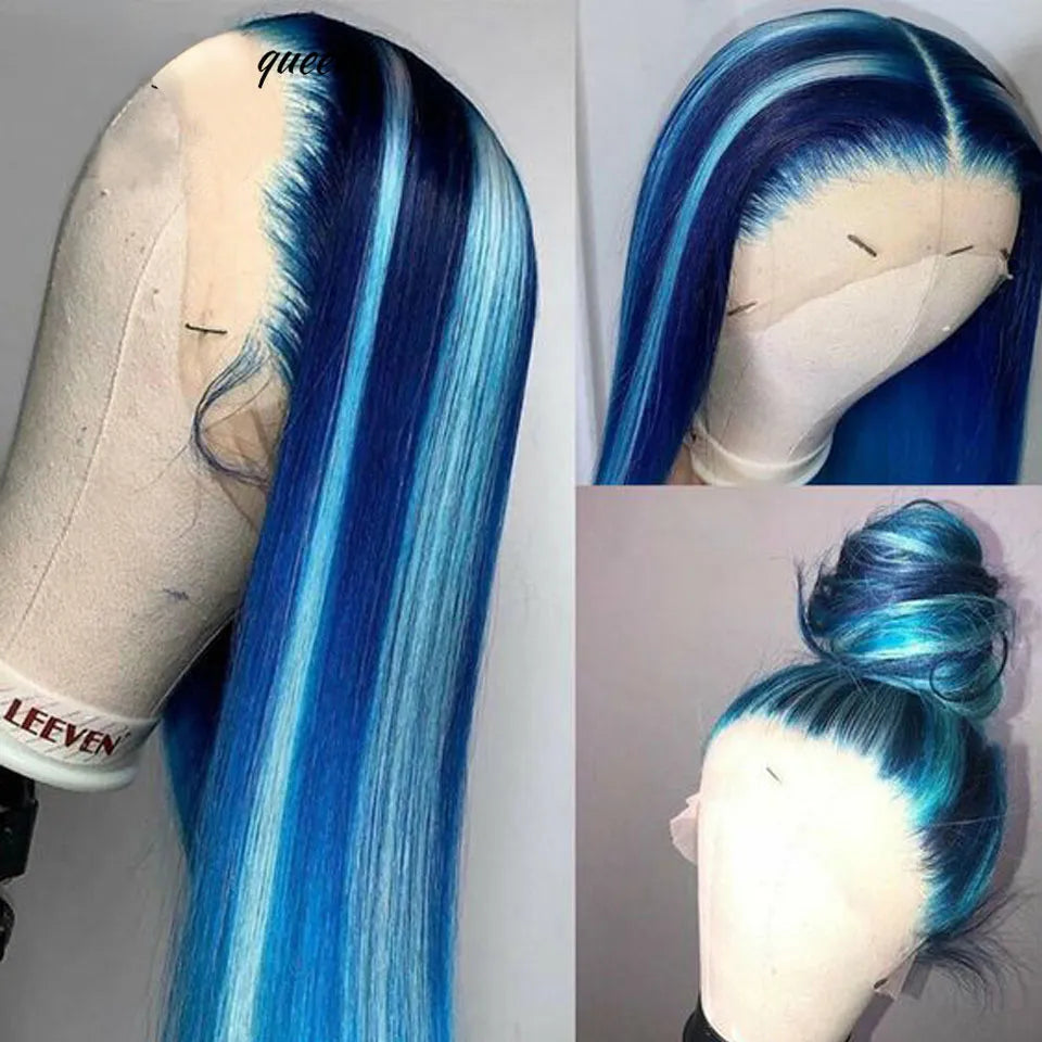 Straight Highlight Blue Lace Frontal Wigs Human Hair Wig For Women Brazilian Glueless Full Lace Front Wig Synthetic Heat Resistant