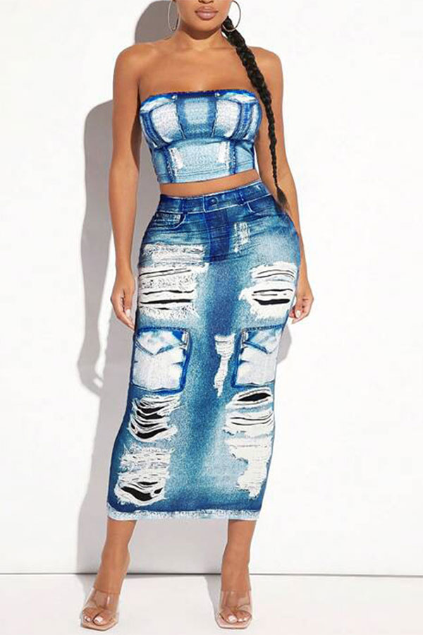 namcoverse Imitation Denim Print On-trend Bandeau Dress Suit