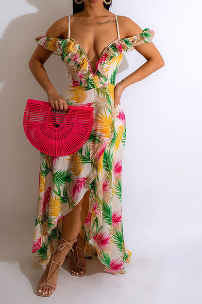 namcoverse Leaf Print Tropical Ruffle Irregular Split Maxi Dress