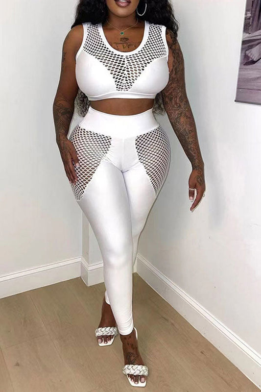 storexq Solid Color Sporty Fishnet Patchwork Pant Suit