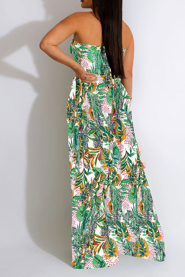 storexq Leaf Print Strap Shirred Urban Wide Leg Jumpsuit