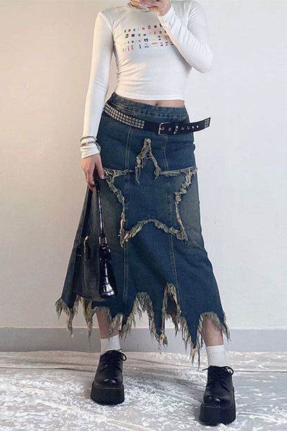 storexq Star Applique Tassel Chic Irregular Denim Skirt