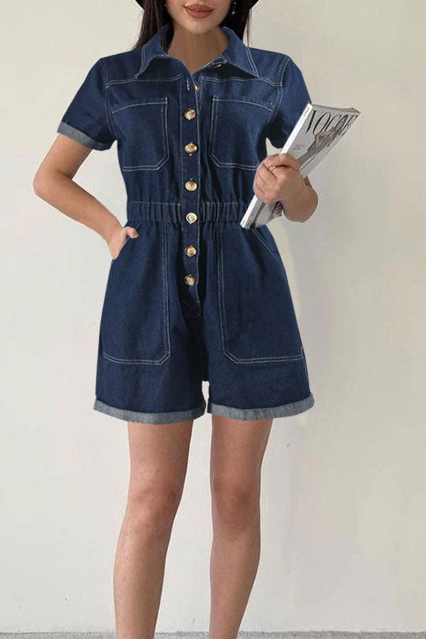 storexq Washed Denim Smart Pocket Button Romper