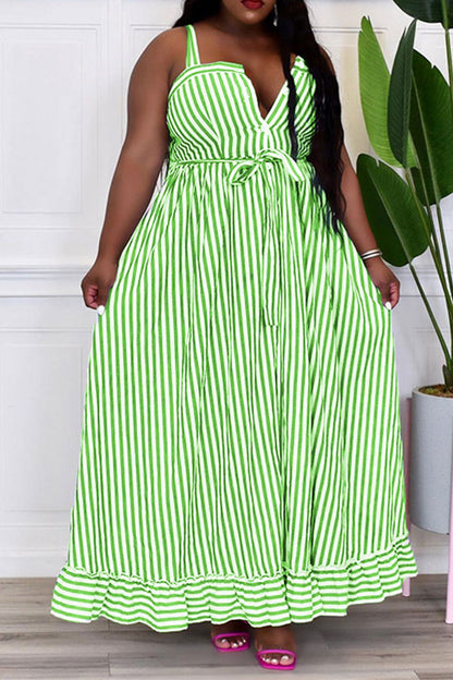 storexq Striped Classic Button Down Belted Midi Dress