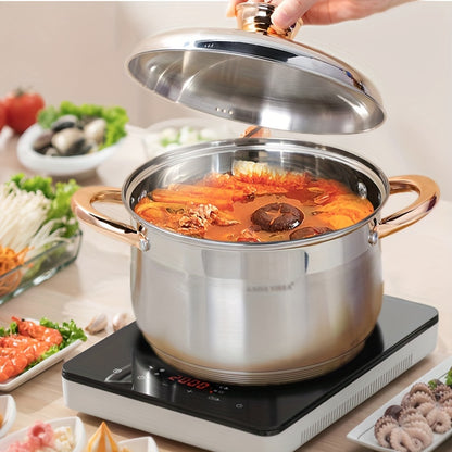 1pc Soup Pot,, High Quality Thickened Stainless Steel Soup Pot, 5-layer Bottom Double-eared Soup Pot, Stew Pot, Sauce Pot, Dessert Pot, Steel Cover, Mirror Polish, 0.5mm Pot Body, 1.57inch Pot Bottom