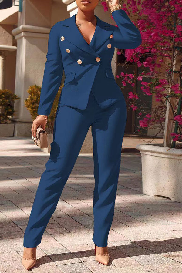 storexq Solid Color Modern Double Breasted Pant Suit