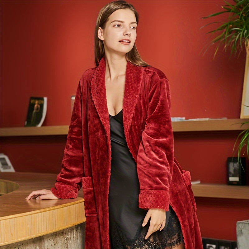 1pc Autumn And Winter Bathrobe, Soft And Skin-friendly Long Sleeve Bathrobe, Thickened Nightgown With Pocket, Warm Long Robe For Home, Bathroom Supplies