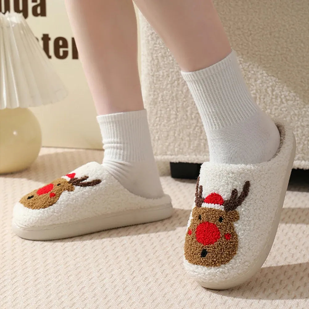 Christmas Deer Slippers Women Men Soft Warm Plush Cozy Slippers Indoor Home Anti Slip Fuzzy Winter Shoes Slip-On House Slippers