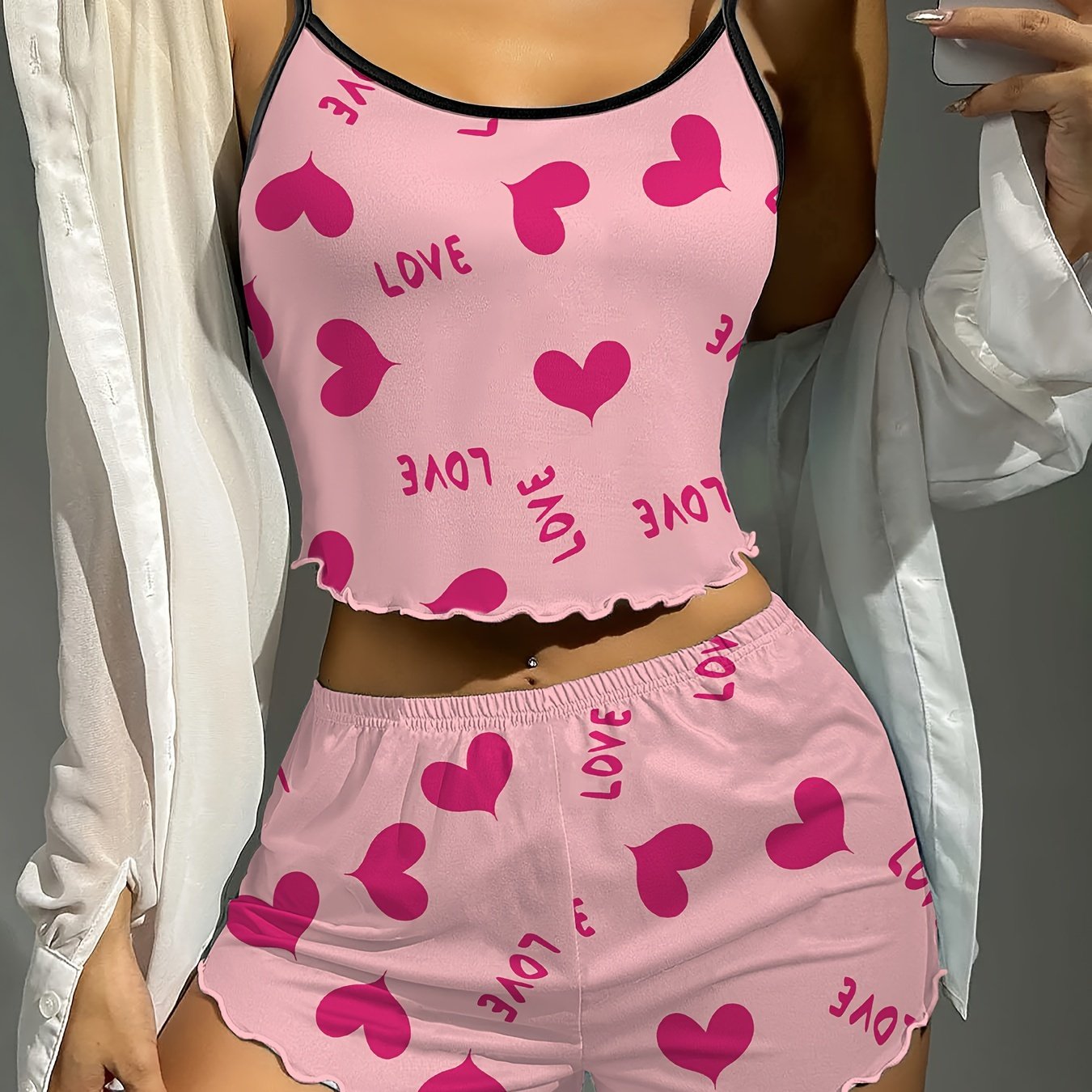 Womens Heart Print Relaxed Fit Pajama Set - Soft Micro Elasticity Polyester Fabric, Cute Spaghetti Strap Crop Cami Top, Lettuce Trim Shorts, Comfortable Round Neck Backless Design, All-Season Nightwear for Adults