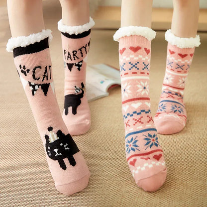 Christmas Women Fuzzy Thermal Sock Plush Grip Hemp Winter Soft Female Home Indoor Warm Bedroom Non-slip Thick Slipper Floor Sock