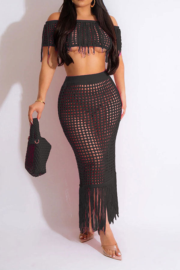 storexq Crochet Hollow-Out On-trend Tassel Skirt Suit Beachwear