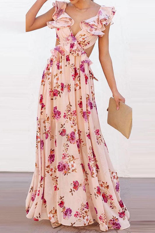 storexq Floral Print Elegant Ruffle Tie Back Maxi Dress