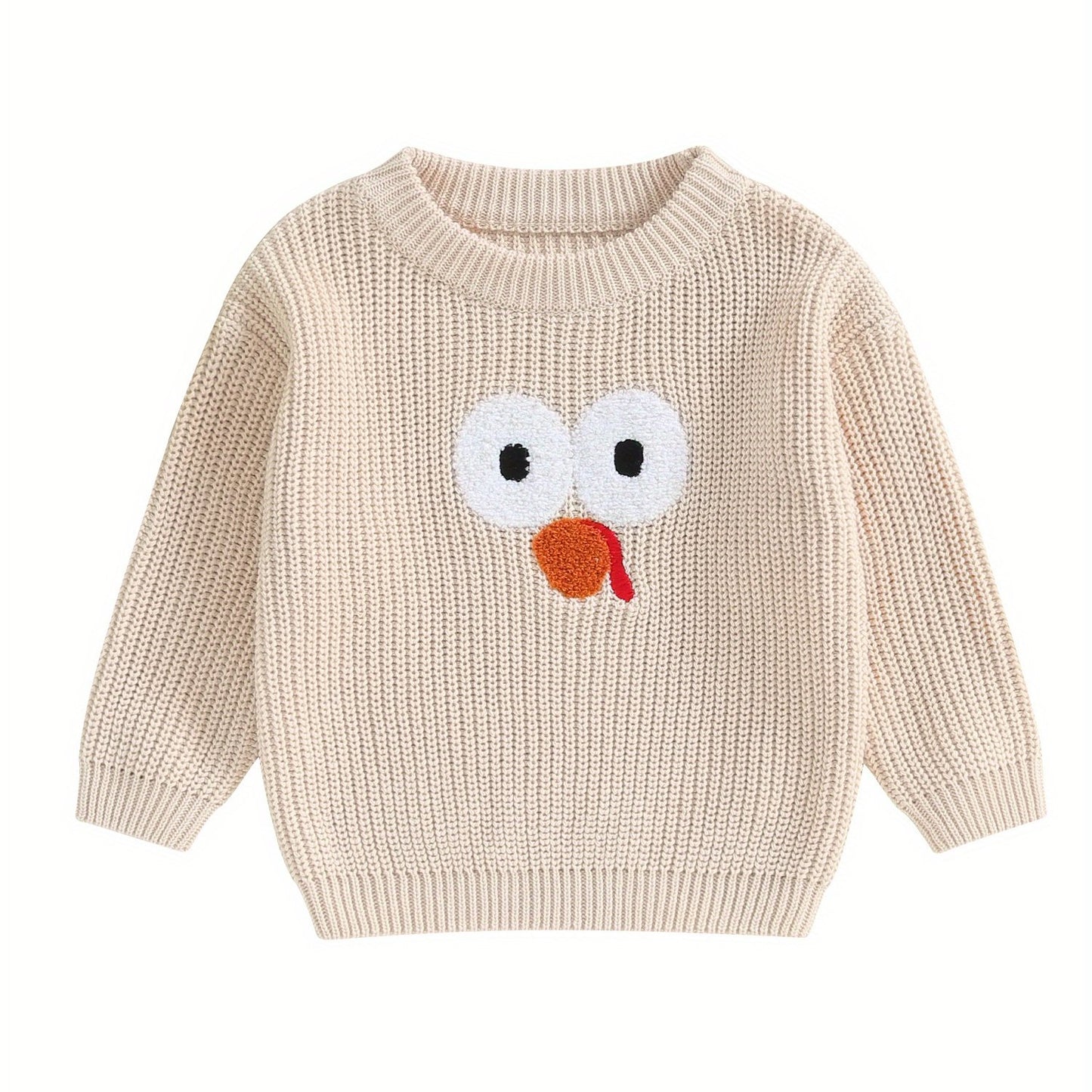 0-5 Years Adorable Turkey Embroidery Crew Neck Sweater - Soft, Long Sleeve, Fall Pullover for Kids, Boys, Girls - Thanksgiving Day Gift, Casual, Comfortable, Warm, Cozy Tops for Autumn