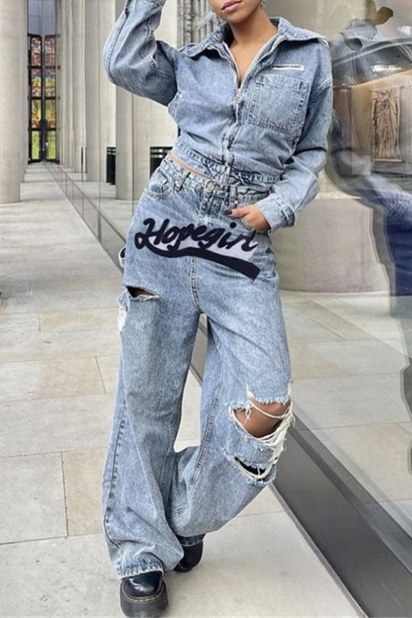 storexq Letter Embroidery Retro Ripped Jeans