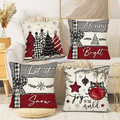 4 Pcs/set Christams Throw Pillow Cover With Four Design: Plaid Trees, Bows, And Messages Like Merry & Bright, Let It Snow; Red Black & White Tones Creates Cozy Holiday Feel, Home Decor, 17.7*17.7inch