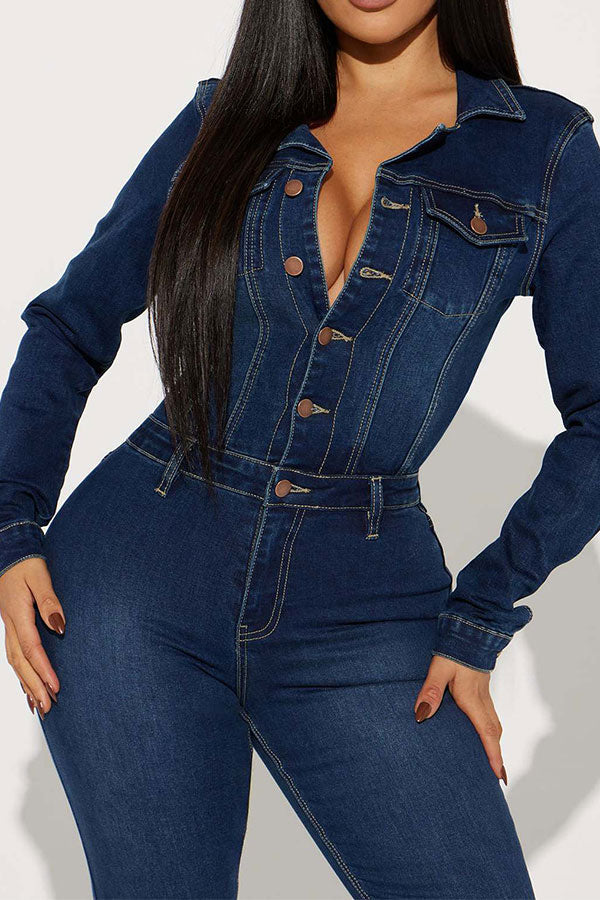 storexq Washed Denim Feminine Micro Flared Jumpsuit