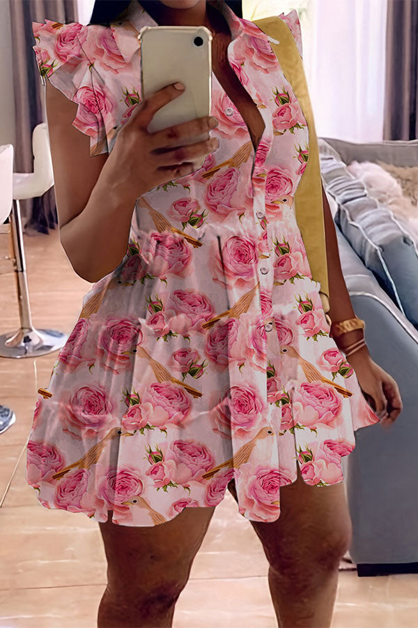 storexq Rose Print Girly Tiered Mini Dress