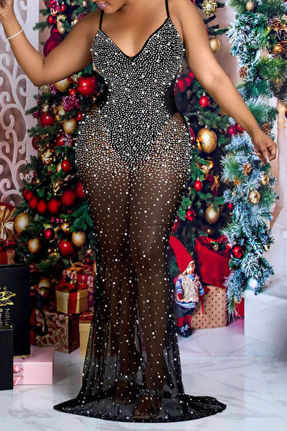 storexq Rhinestone Flattering See-Through Maxi Dress