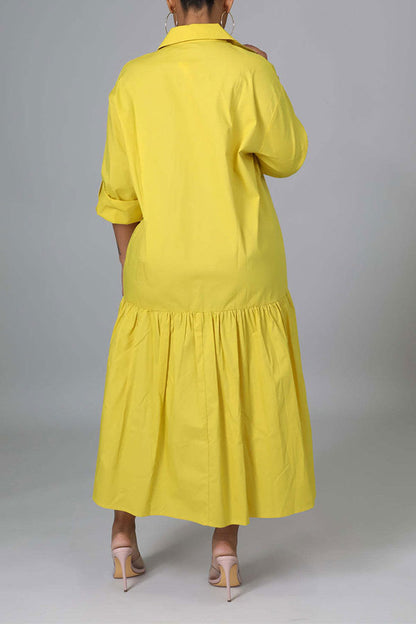 storexq Solid Color Shirt Collar Casual High Low Midi Dress